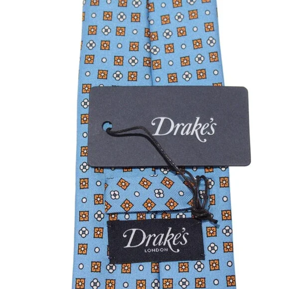 Drake's NWT Neck Tie in Light Blue with Orange/White Geometric Pattern 100% Silk